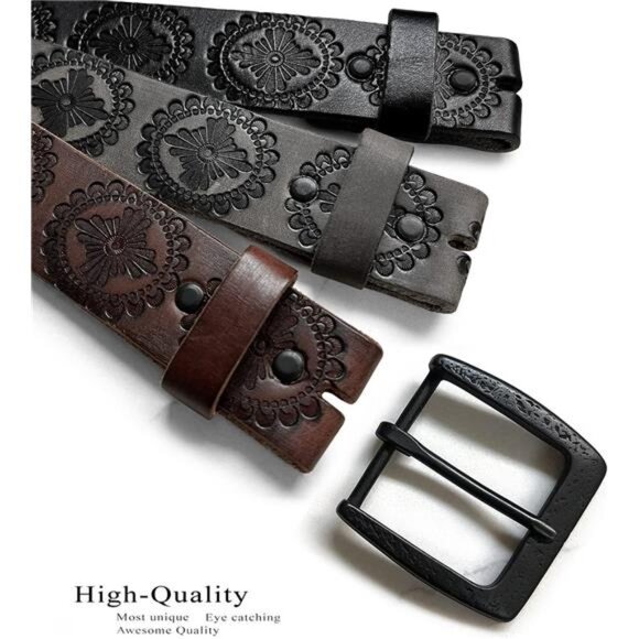 Cowboy Cowgirl Western Tooled Floral Embossed Full Grain Genuine Leather Belt main image 2